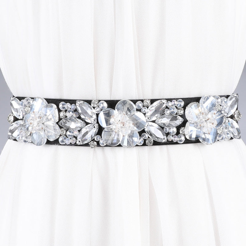 Women's Rhinestone Flower Elastic Belt
