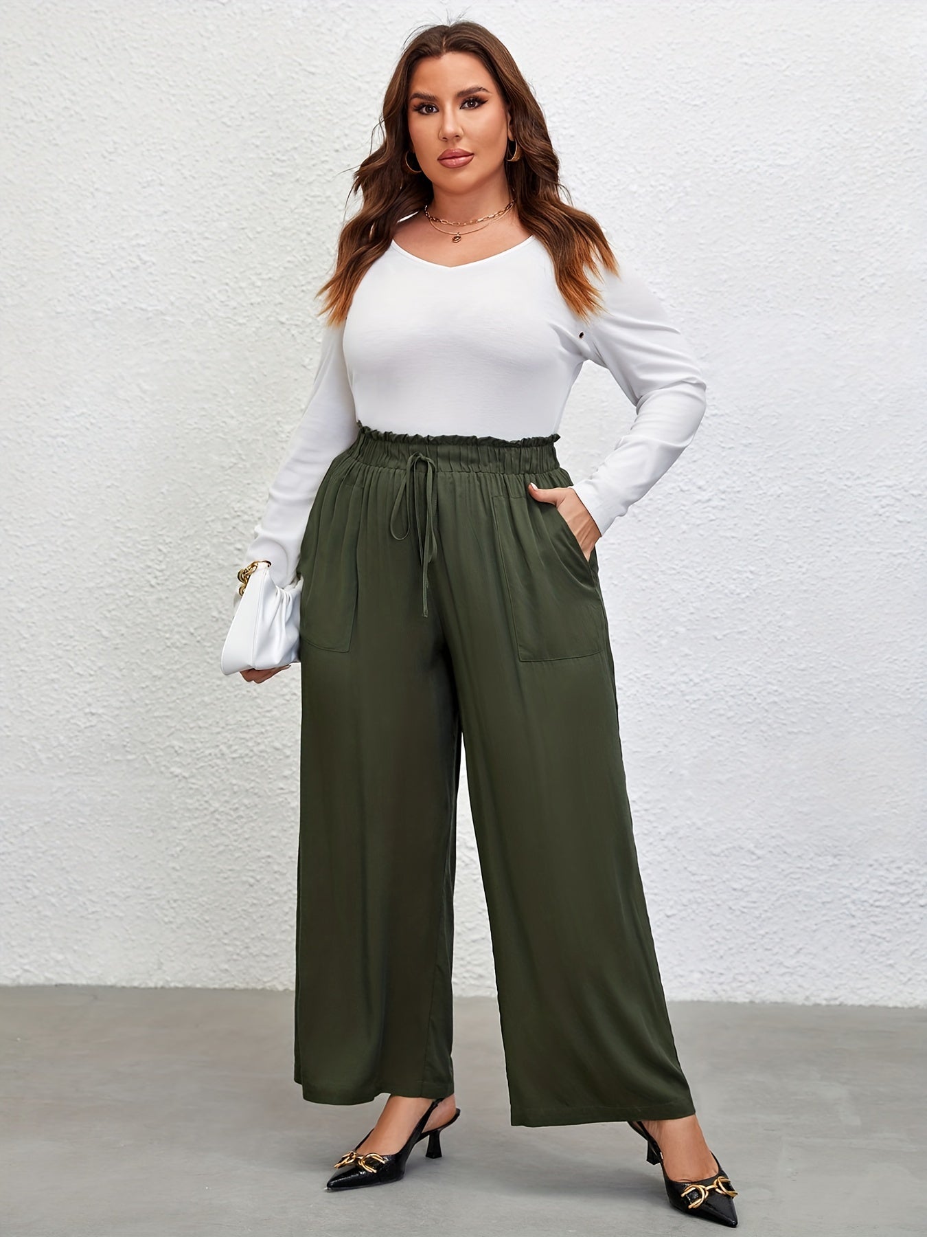  Plain Waist Band Drawstring Wide Leg Pants