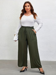  Plain Waist Band Drawstring Wide Leg Pants