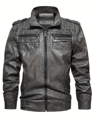 Men's Stand Collar PU Leather Jacket Retro Windproof Warm Jacket