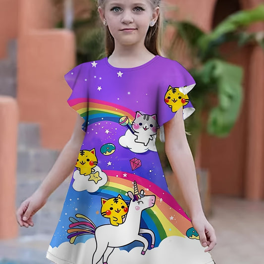 Girls 3D Kitty & Unicorn Graphic Dress Girls Comfy Short Sleeve