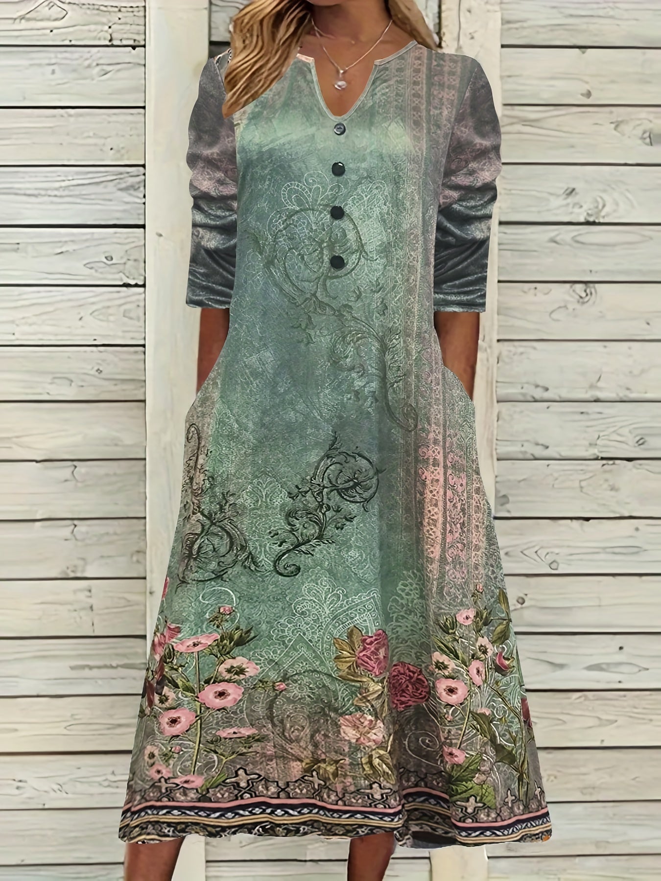  Floral Print Long Sleeve Casual Dress with Pockets