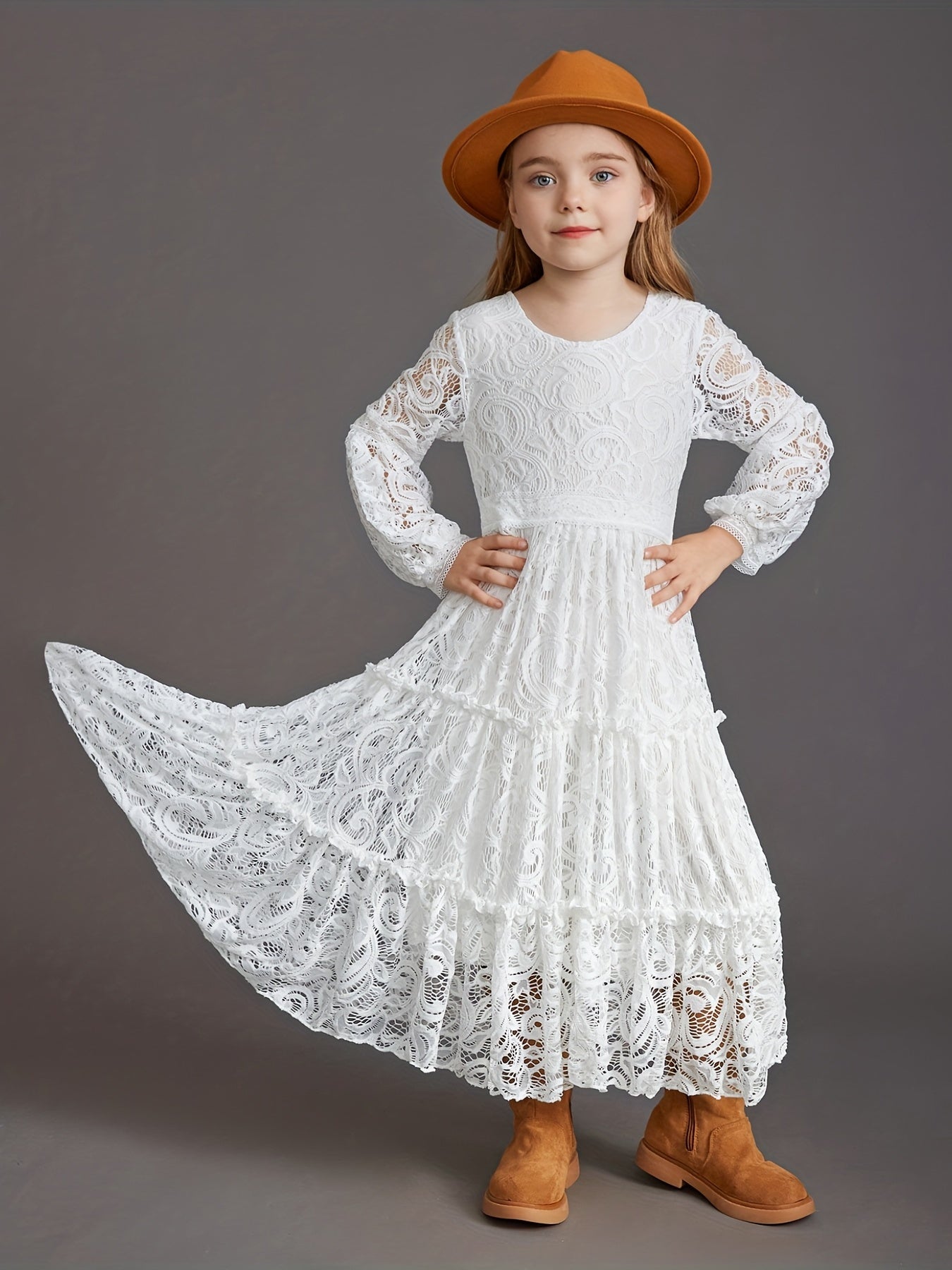Girls Lace Puff Sleeve Flower Girl Dress Princess Dress