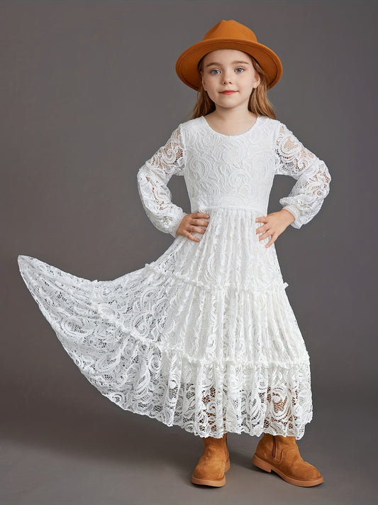 Girls Lace Puff Sleeve Flower Girl Dress Princess Dress