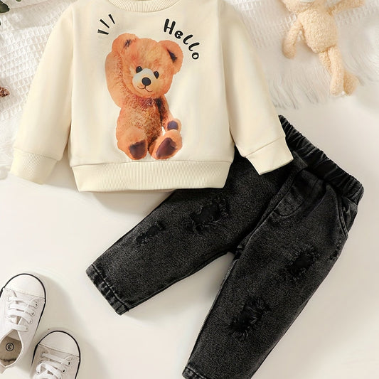 Baby Boys Bear Print Sweatshirt And Jeans Set