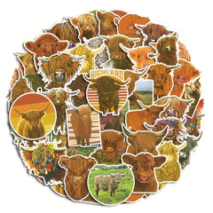 50pcs Highland Cow Cartoon Stickers For Motorcycle Helmet Water Cup