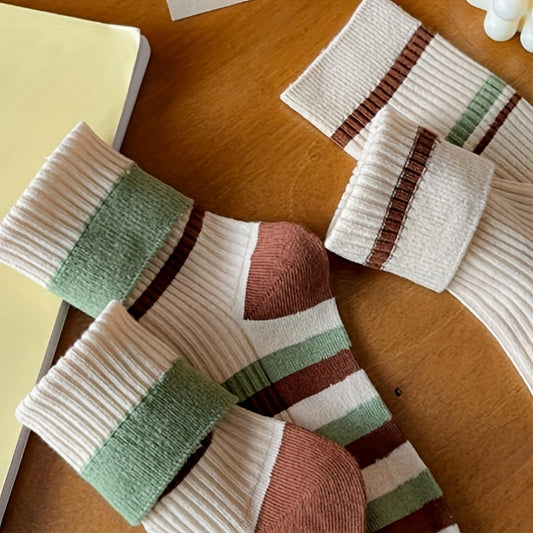 5 Pairs Colorblock Striped Socks Comfy & Breathable Women's Mid Tube Stockings