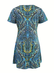  Allover Paisley Print Short Sleeve Dress