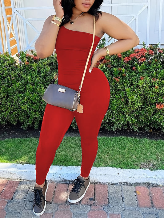 One Shoulder Slim Jumpsuit Sexy Sleeveless Asymmetrical Neck Jumpsuit