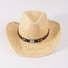 Western Cowboy Straw Hat With Large Wood Beads Turquoise Leather Belt