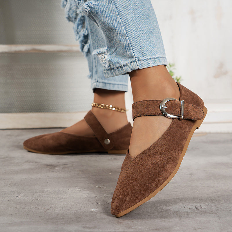Women's Pointed Toe V-cut Loafers with Metal Buckle Strap
