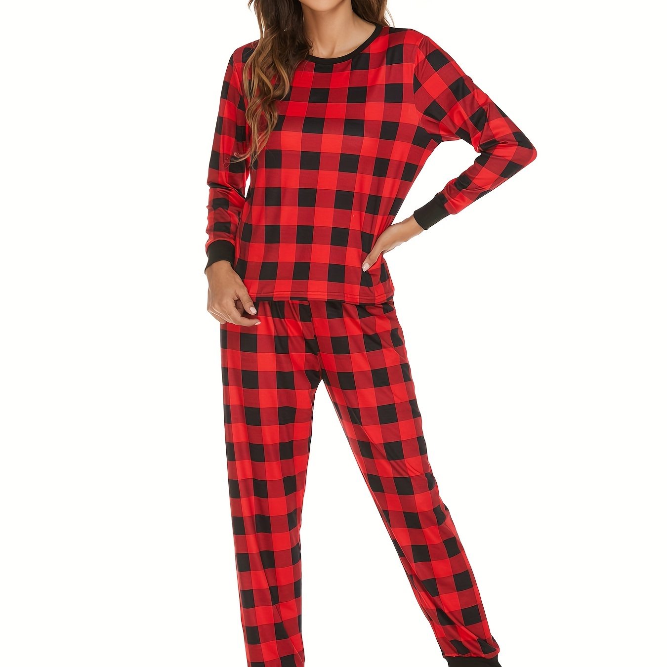 Plaid Christmas Lounge Set Long Sleeve Top & Pants Women's Loungewear