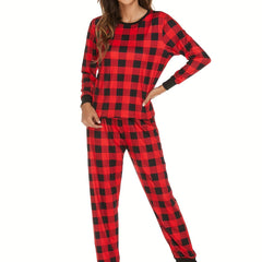 Plaid Christmas Lounge Set Long Sleeve Top & Pants Women's Loungewear