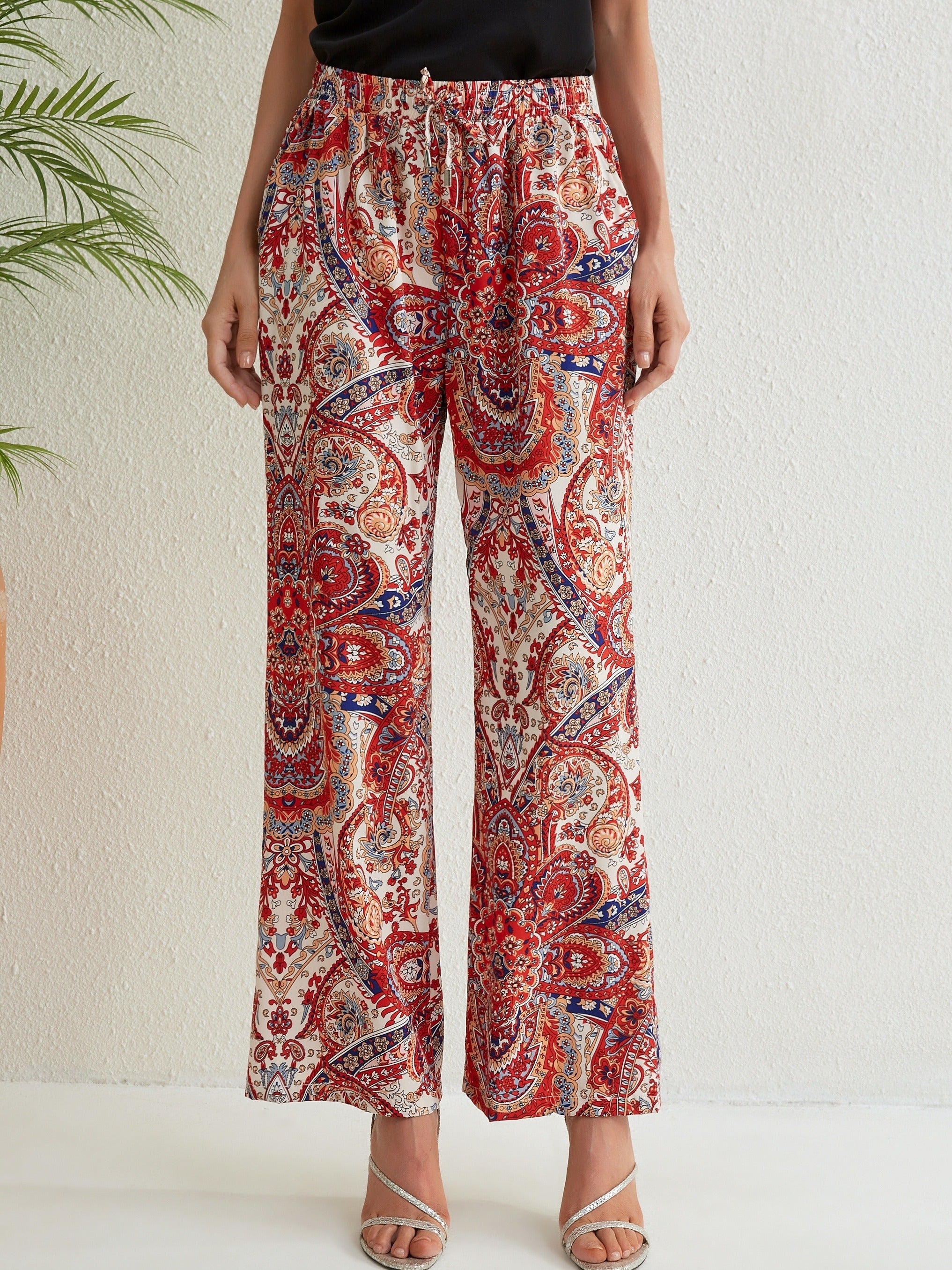 Paisley Print Drawstring Pants Bohemian Pants For Spring & Summer