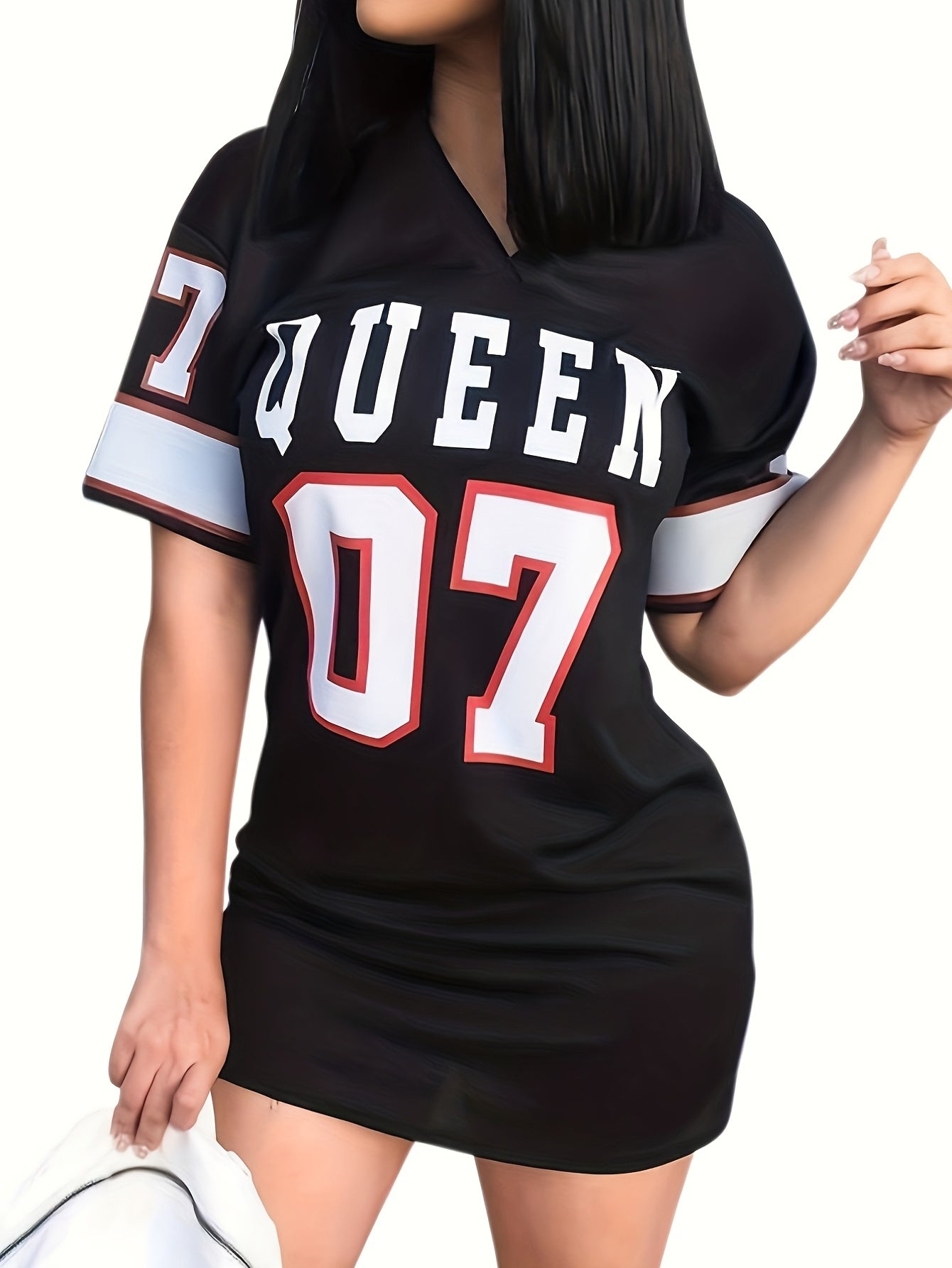 Queen Letter Print Mini Dress V Neck Casual Dress For Spring & Summer