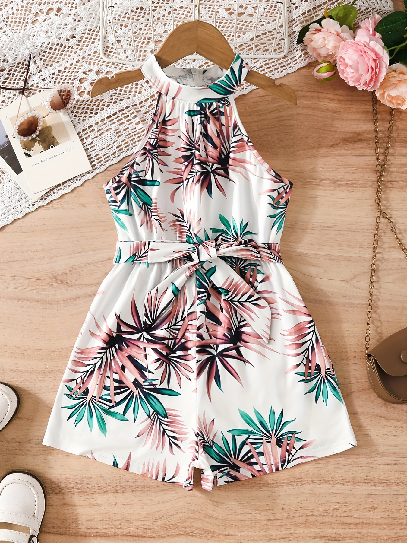 Girls' Leaf Print Halter Romper With Belt