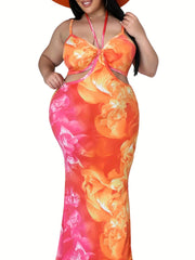  Colorblock Floral Print Maxi Dress