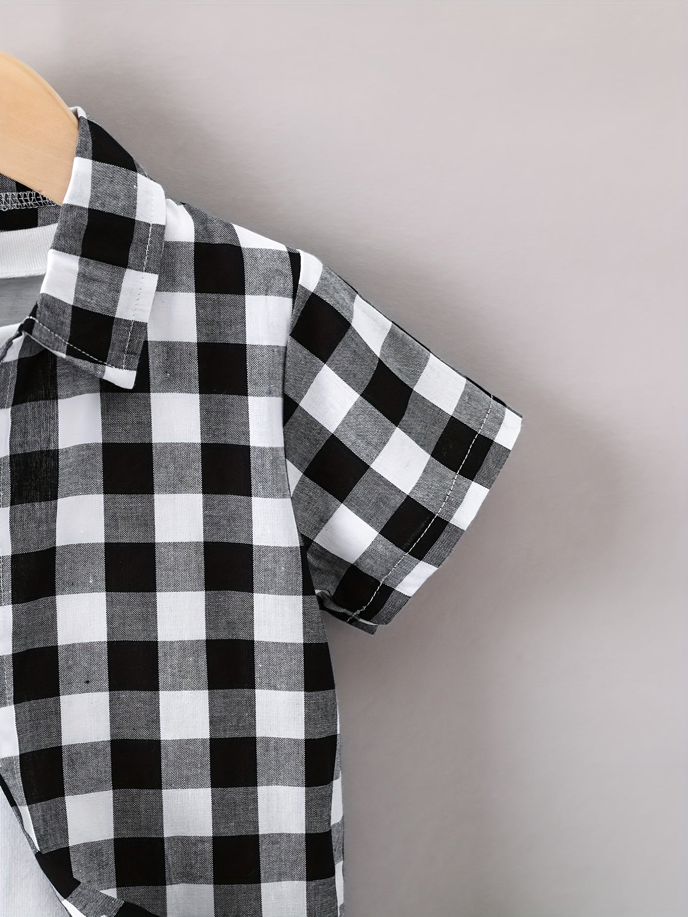 Boys Black Plaid Print Shirt Lightweight Short Sleeve Top