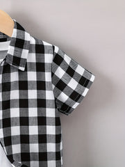 Boys Black Plaid Print Shirt Lightweight Short Sleeve Top