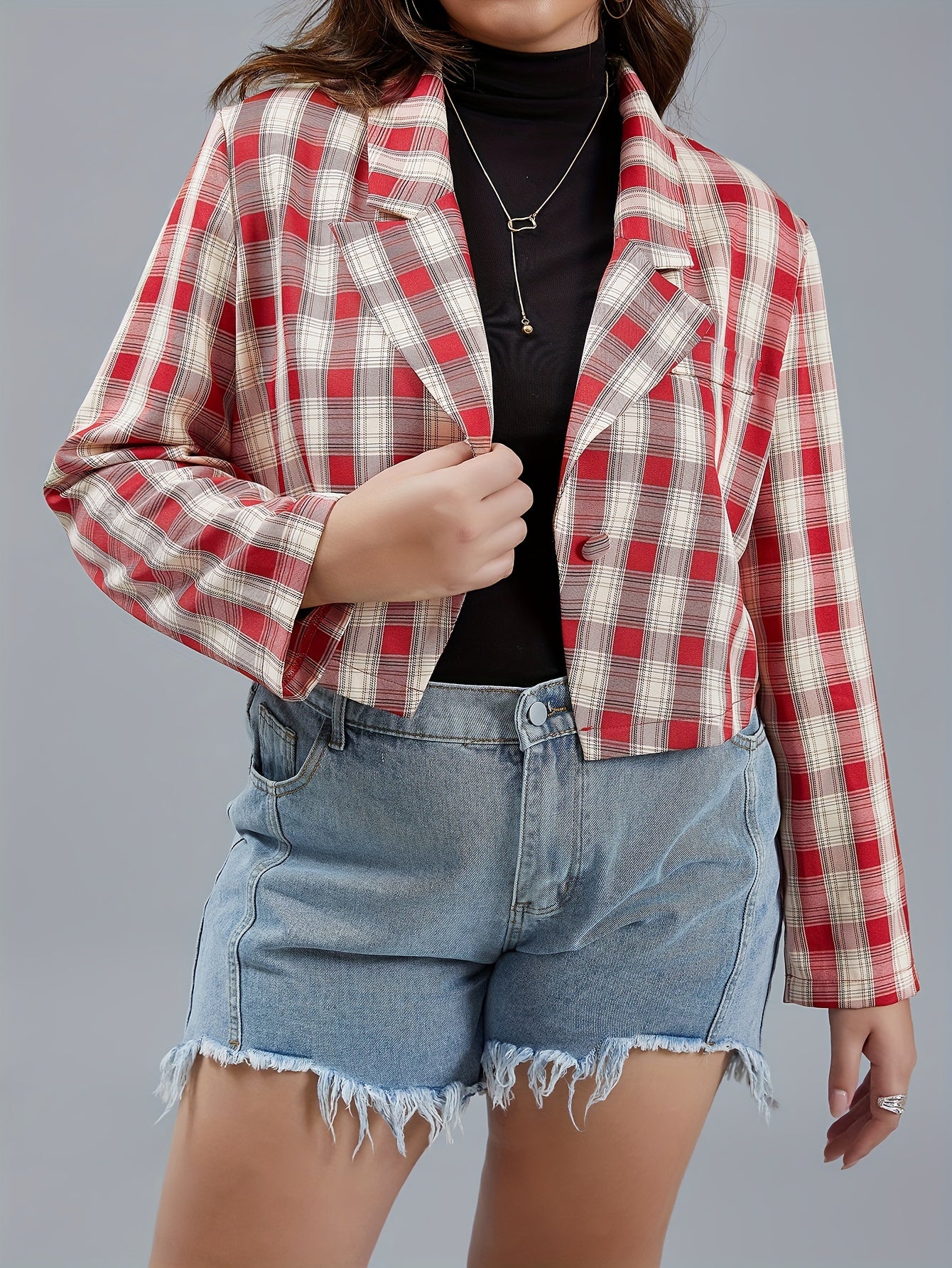  Casual Blazer Women's Plus Plaid Print Long Sleeve Lapel Collar Blazer