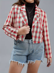  Casual Blazer Women's Plus Plaid Print Long Sleeve Lapel Collar Blazer