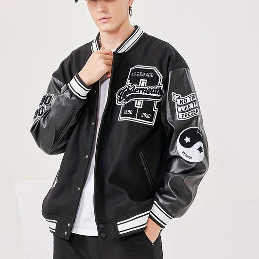 Varsity PU Jacket Men's Vintage Style Letter Print