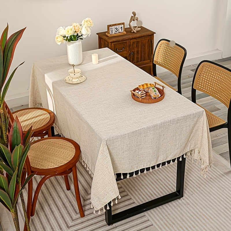 Polyester Rectangle Tablecloth Beige Tassel Square Table Cover