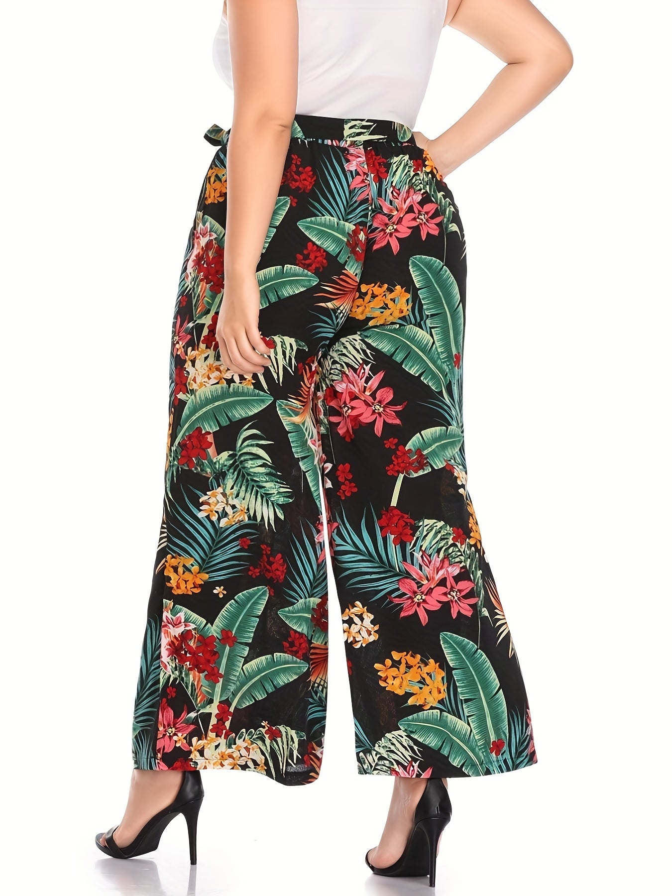 Women's Plus Tropical Print Wide Leg Pants With Belt