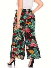 Women's Plus Tropical Print Wide Leg Pants With Belt
