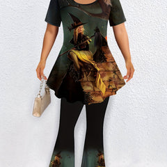  Halloween Cartoon Print Top & Flared Leg Pants Outfit Set