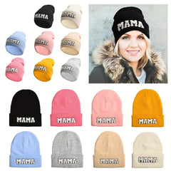 MAMA Patch Beanie Solid Knit Hat Skull Cap Coldproof Beanies Ski Hats For Women