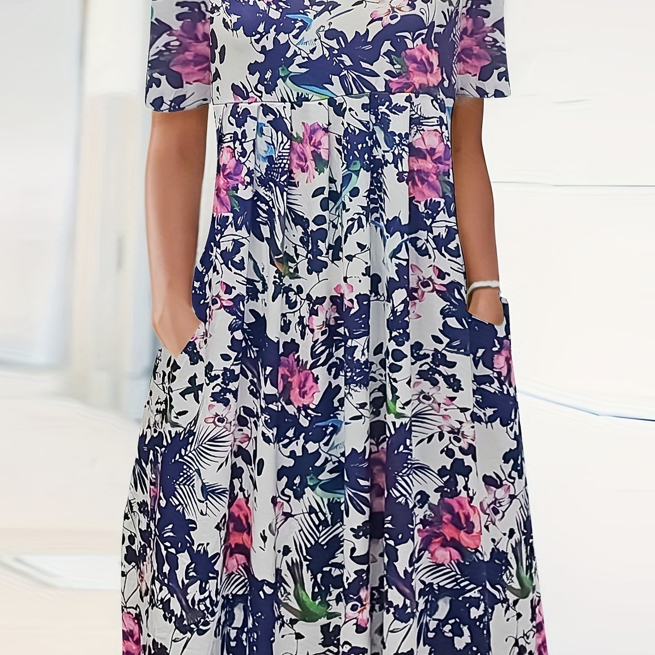  Floral Print Maxi Dress Short Sleeve Round Neck Pleated