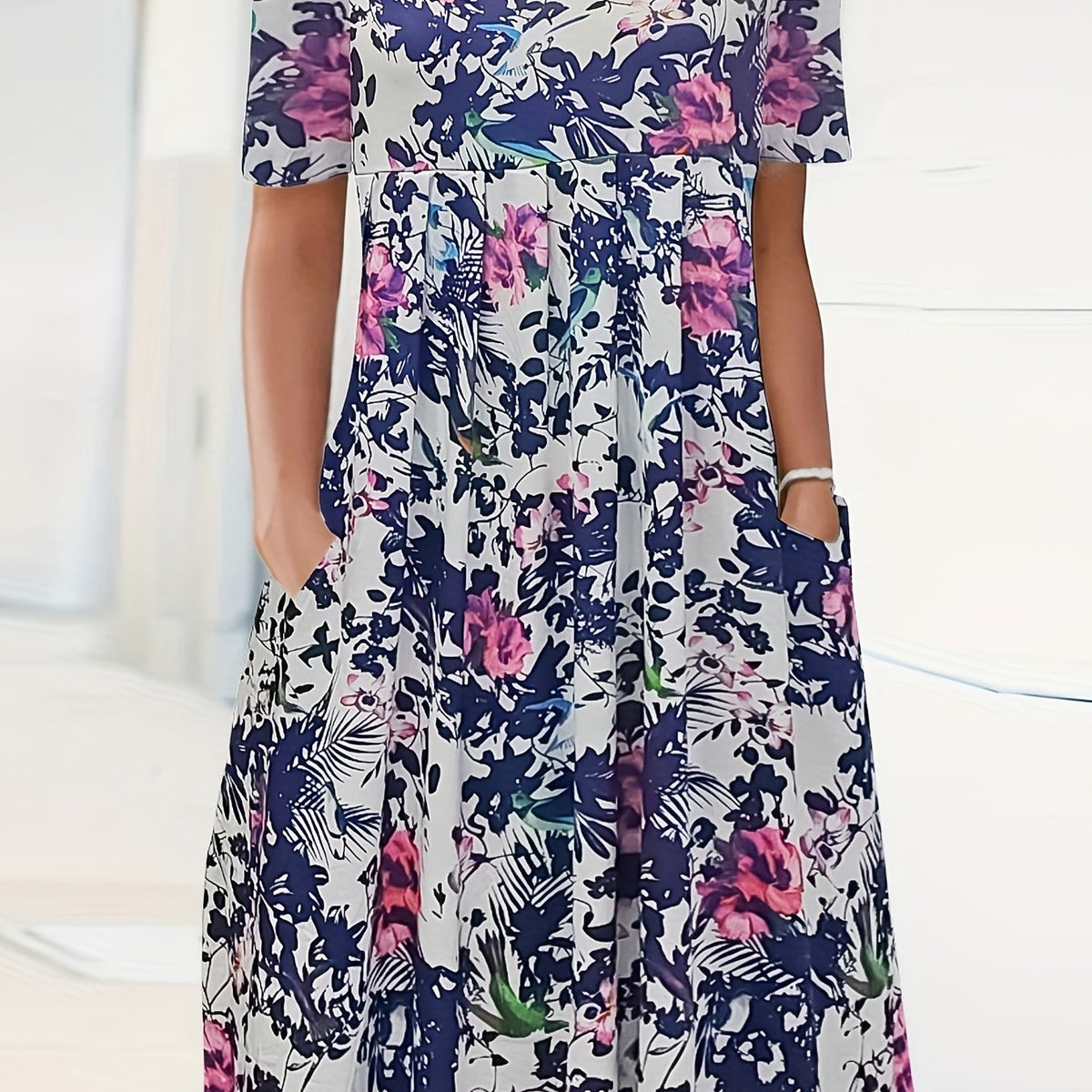  Floral Print Maxi Dress Short Sleeve Round Neck Pleated