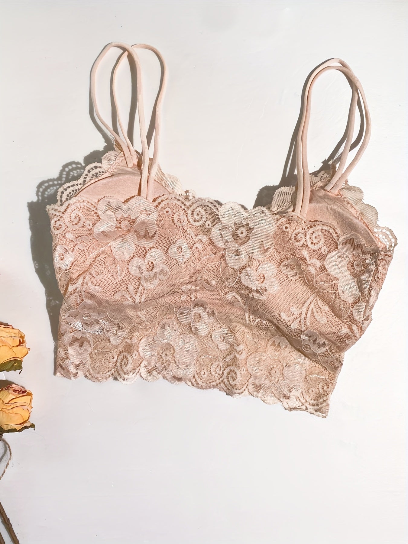 Floral Lace Scallop Trim Bralettes Double Straps Chest Pad Lingerie