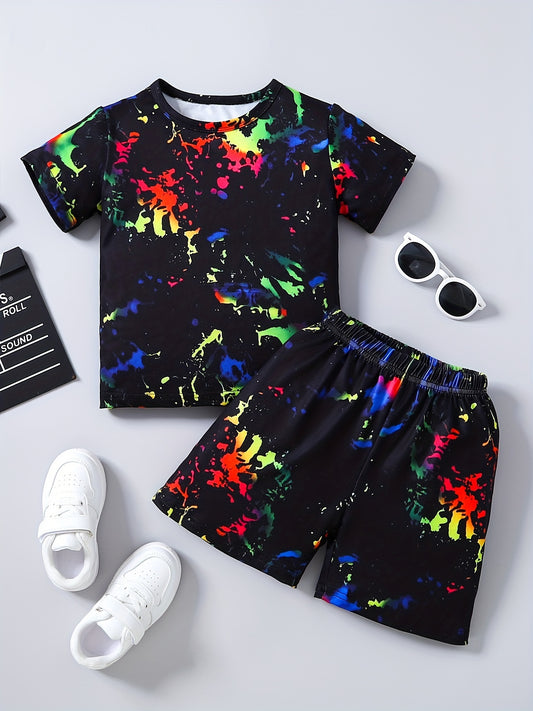 2pcs Boys Allover Print Graphic Short Sleeve Tees & Shorts Sets