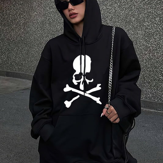 Skull Print Drawstring Sports Sweatshirt for Halloween Warm Plush Inner Hoodies