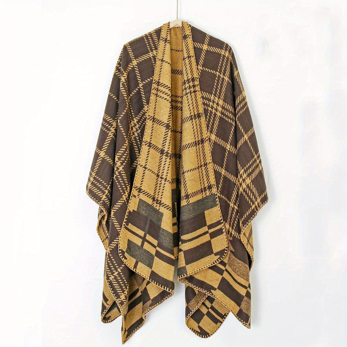 Geometric Plaid Jacquard Shawl Wrap Boho Cape