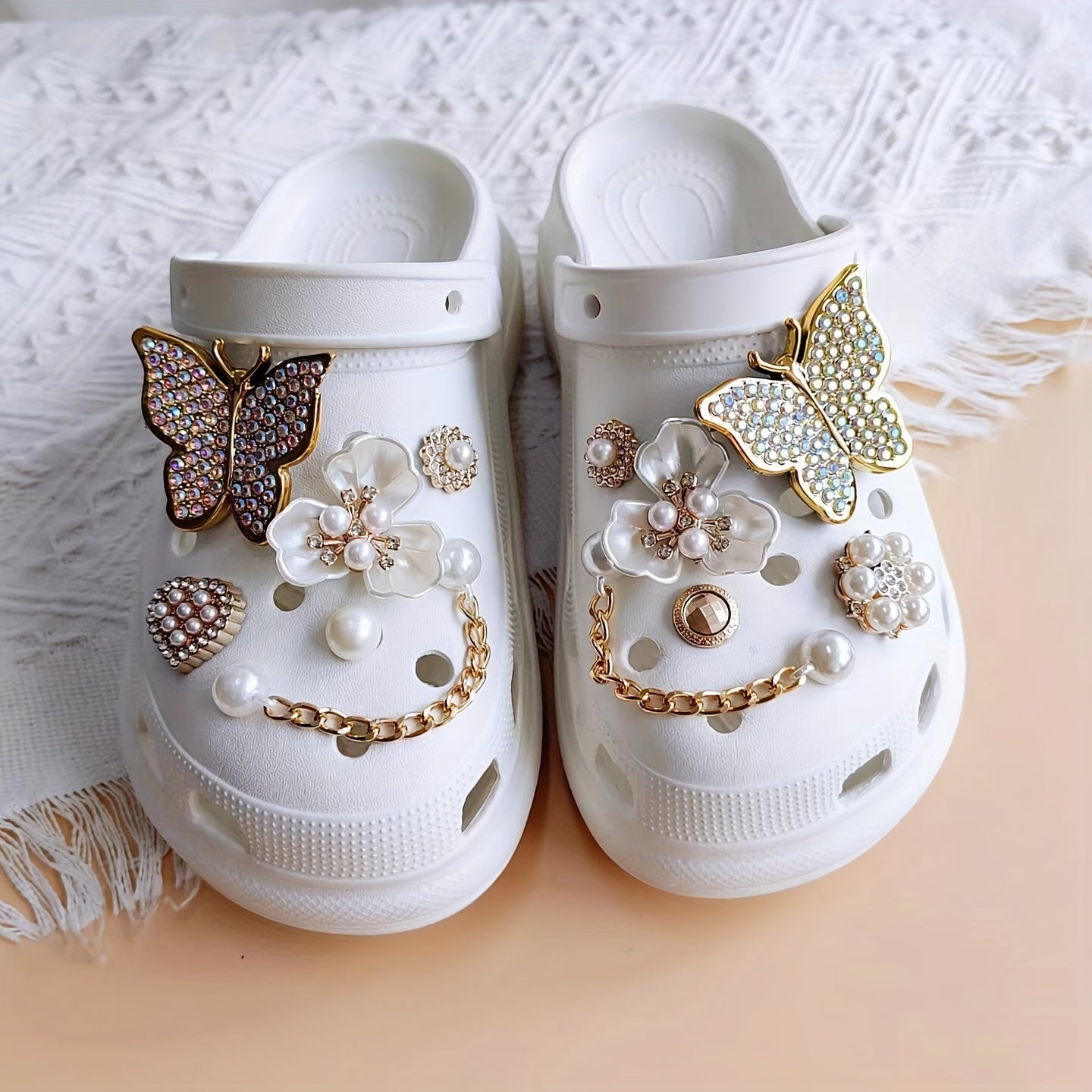12pcs Golden Shoe Decorative Accessories Set with Rhinestone Diamond Pearl Chain