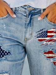  Women's Flag Print Denim Shorts with Ripped Fringe Trim