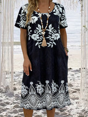 Floral Print Short Sleeve Plus Size Dress With Pockets