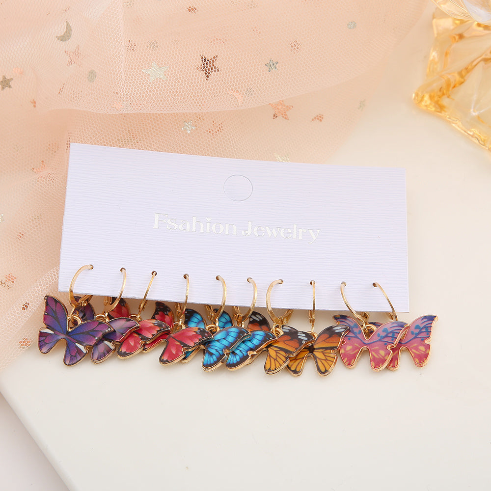 5 Pairs Colorful Butterfly Drop Earrings Set