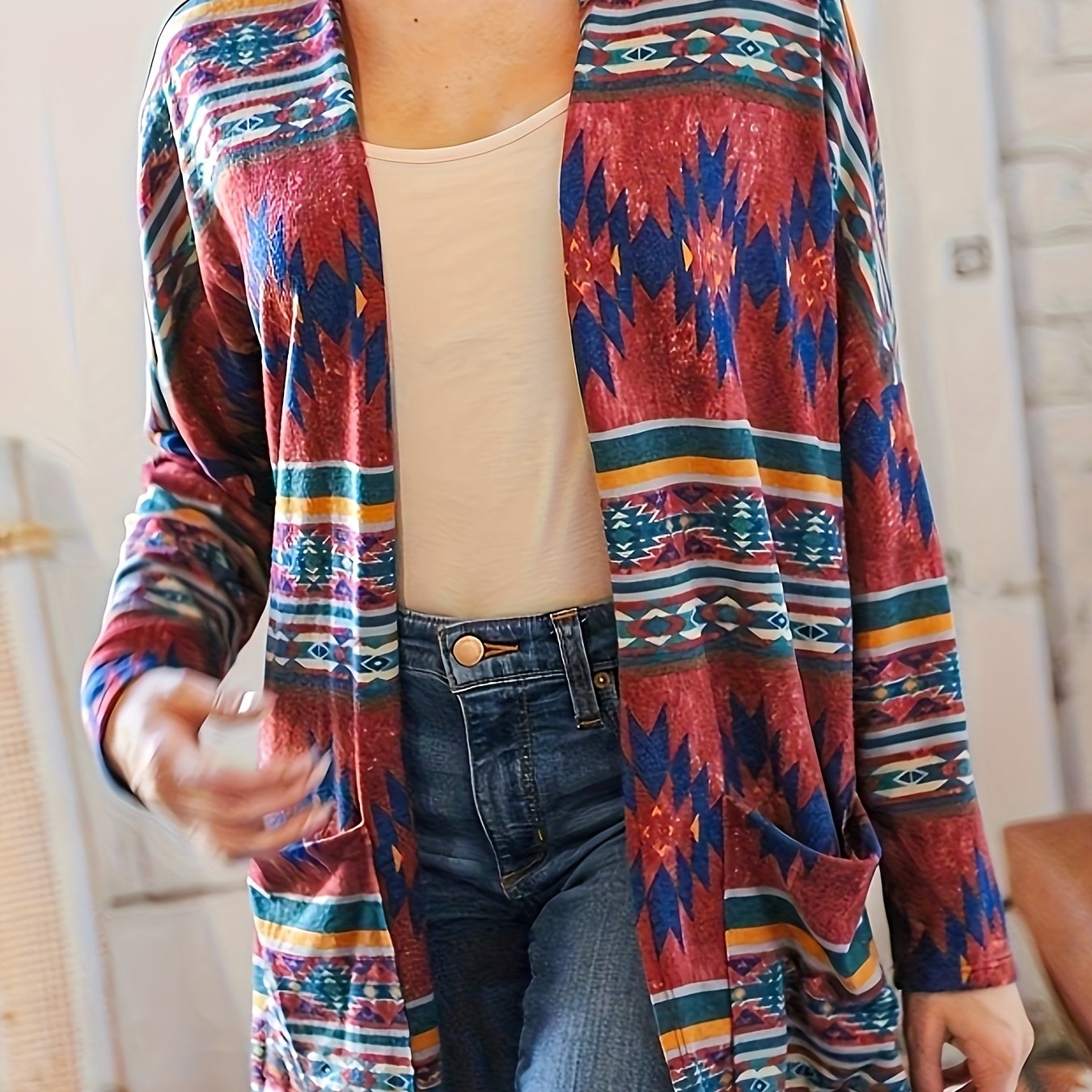  Boho Cardigan Southwest Print Long Sleeve Open Front