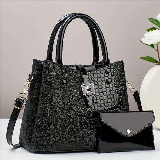 Crocodile Pattern Handbag Set: Tote Bag & Clutch Purse