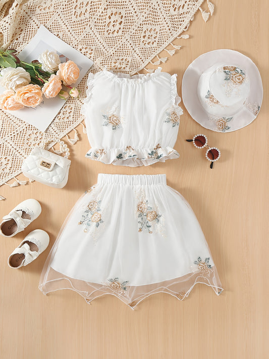 Mesh Flower Embroidery Hat & Ruffled Set for Kids