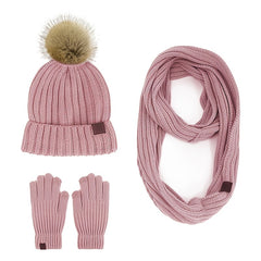 Winter Women's Fur Ball Knit Hat Scarf Gloves Set - Valentines