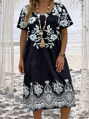 Floral Print Short Sleeve Plus Size Dress With Pockets
