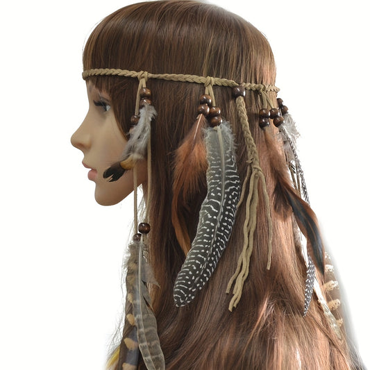 Boho Feather Hair Band Beaded Tassel Headdress