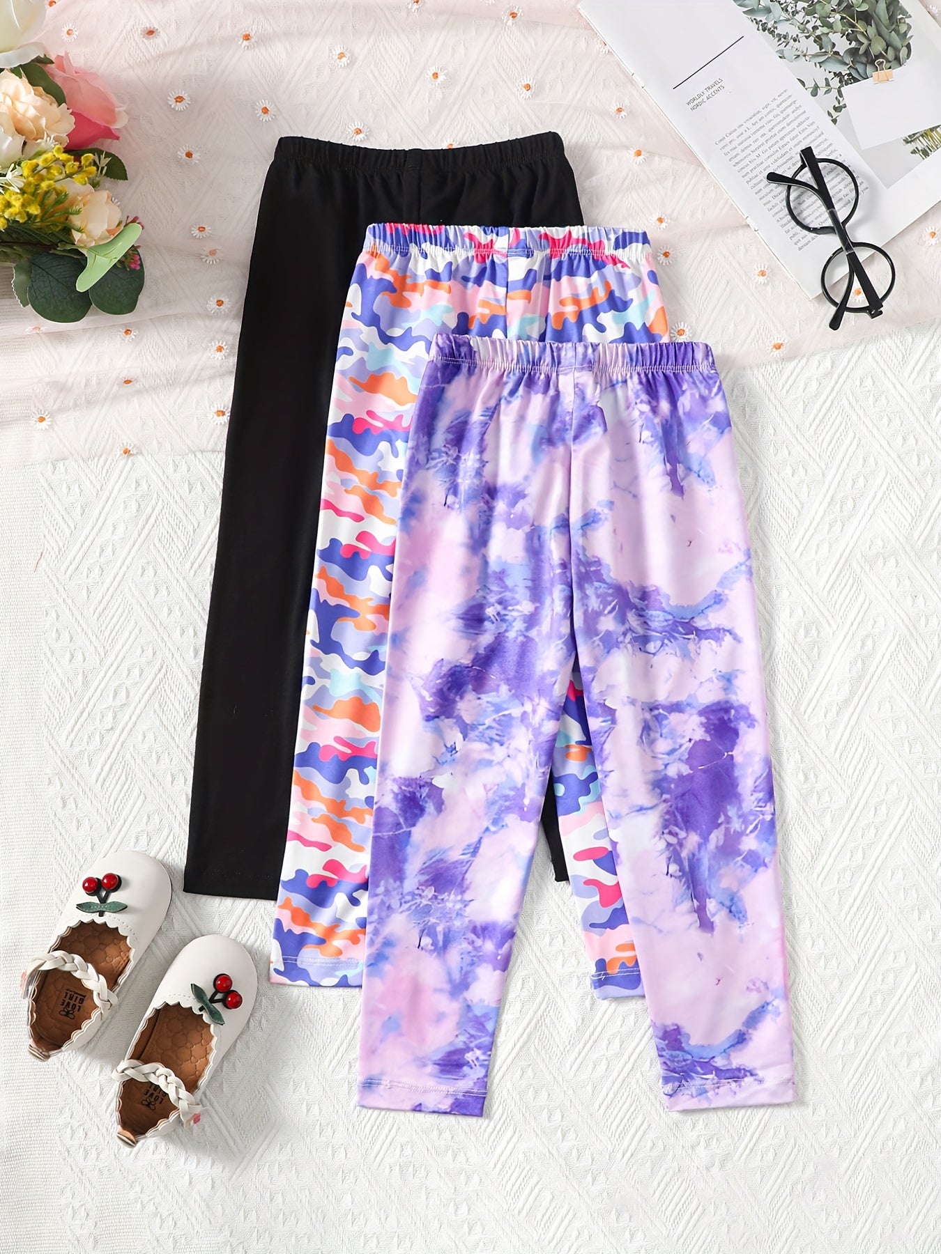 5pcs Girls' Camo Tie Dye Slim Fit Legging Pants Set