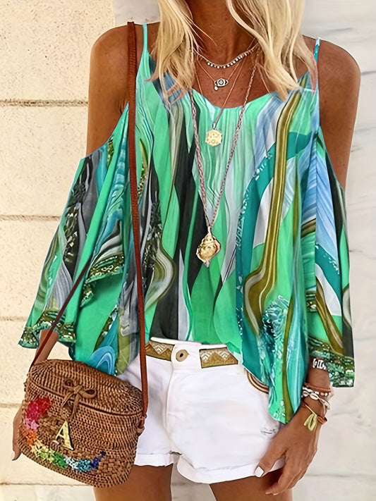 Geometric Print Off Shoulder T shirt Crew Neck Summer Tops