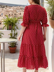 Plus Dot Print Flounce Sleeve Surplice Neck Maxi Dress